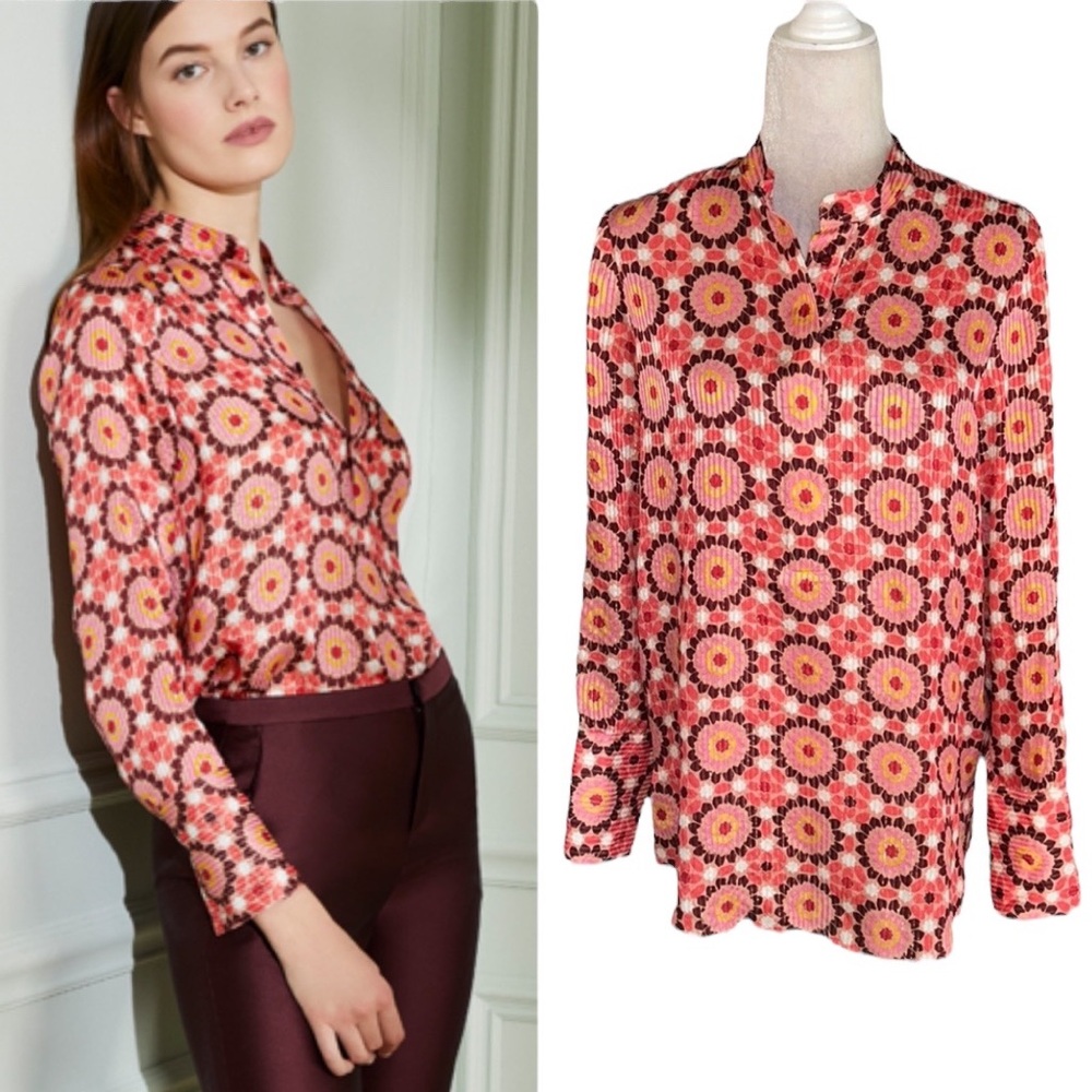 LN Carlisle Collection Silk Retro Mosaic Floral Metallic Gold Striped Blouse - 8
